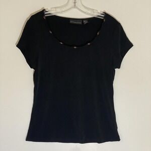 Attention Top Womens Medium Black Beaded Scoop Neck Short Sleeve Stretch
